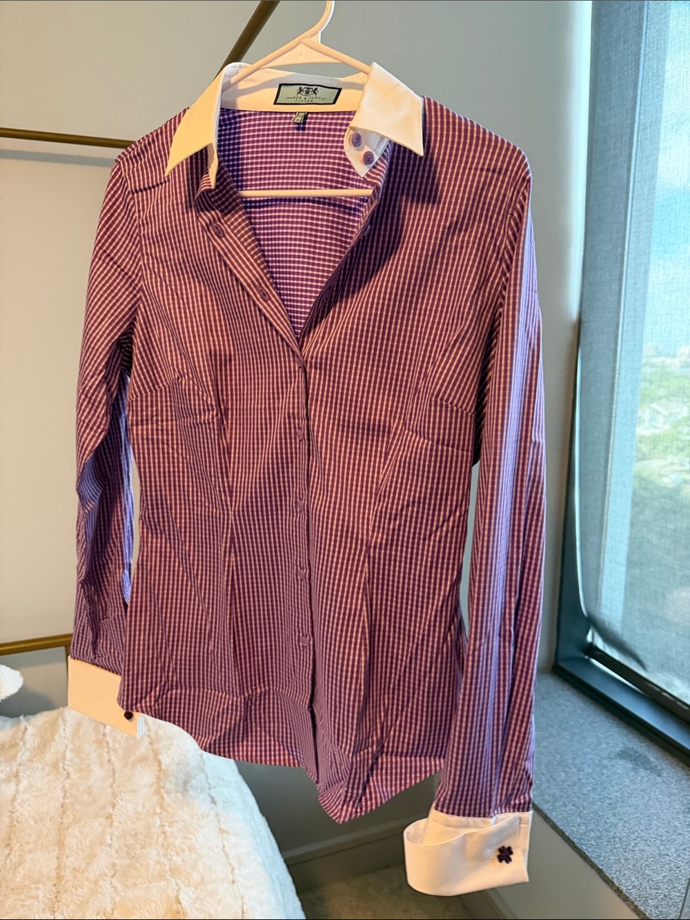 Slim Fit Purple Check Button-Down Shirt with White Collar